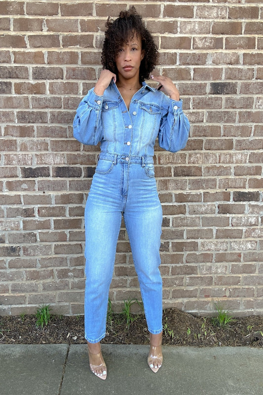 She Plays No Games Denim Jumpsuit