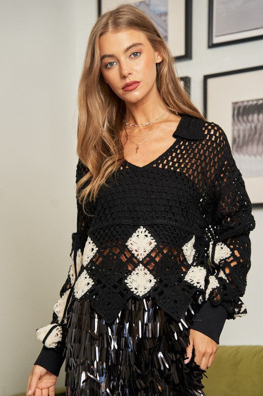 Woodstock Babe Crochet V Neck Long Sleeve Knit Sweater Top