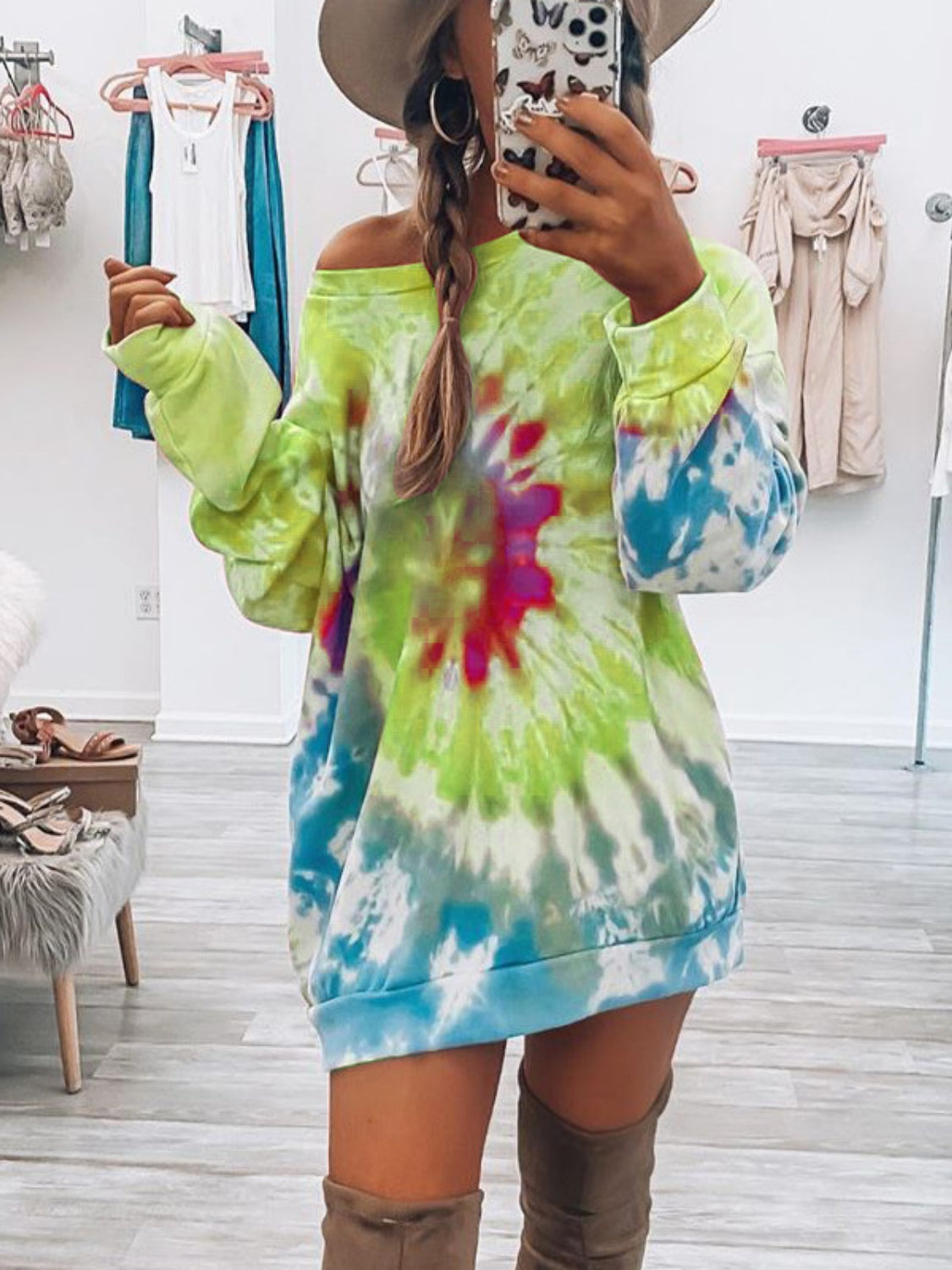 70's Baby Full Size Tie-Dye Round Neck Long Sleeve Dress