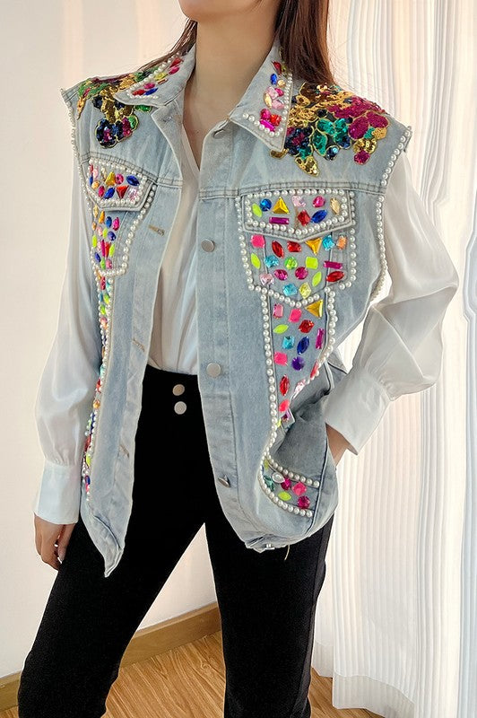 Crystalline Sleeveless Denim Vest