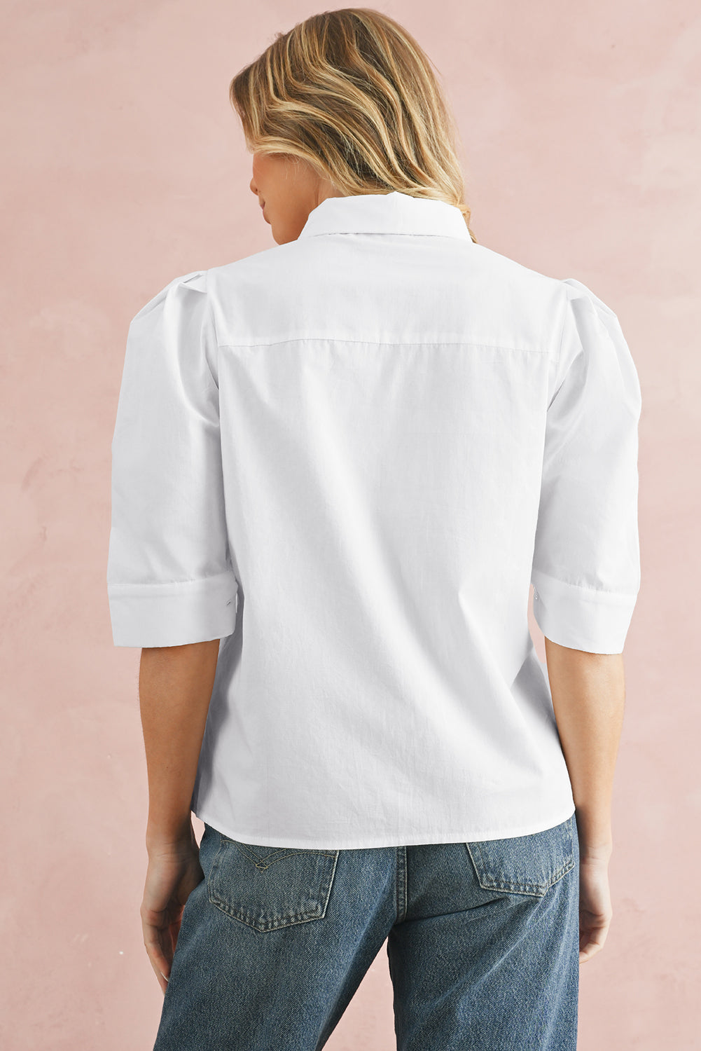 White Solid Color Button Up Puff Sleeve Shirt