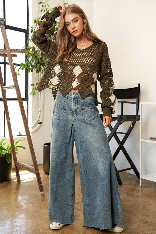 Woodstock Babe Crochet V Neck Long Sleeve Knit Sweater Top