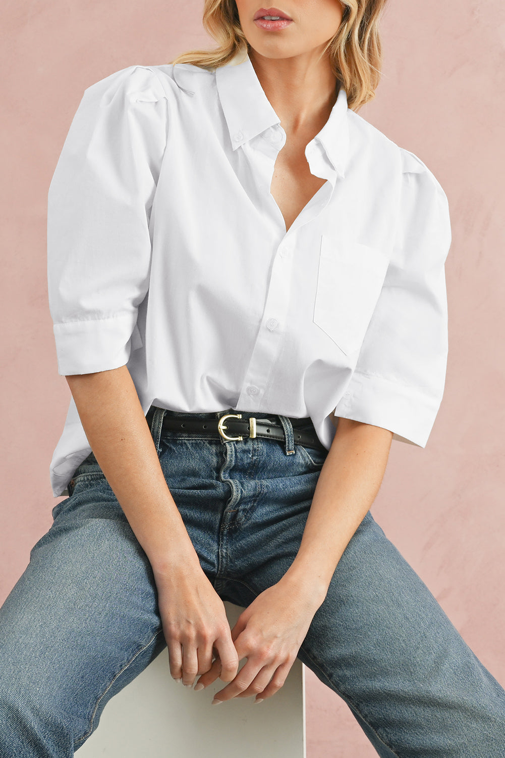 White Solid Color Button Up Puff Sleeve Shirt