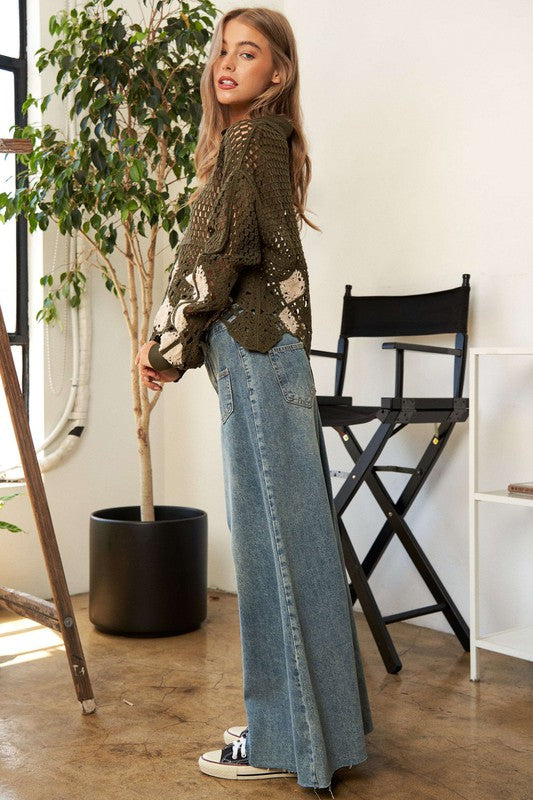 Woodstock Babe Crochet V Neck Long Sleeve Knit Sweater Top
