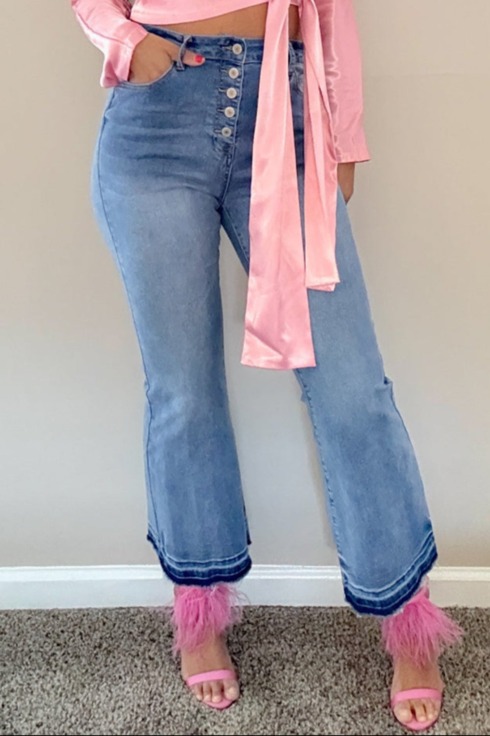 High Waist Button Fly Flared Jeans