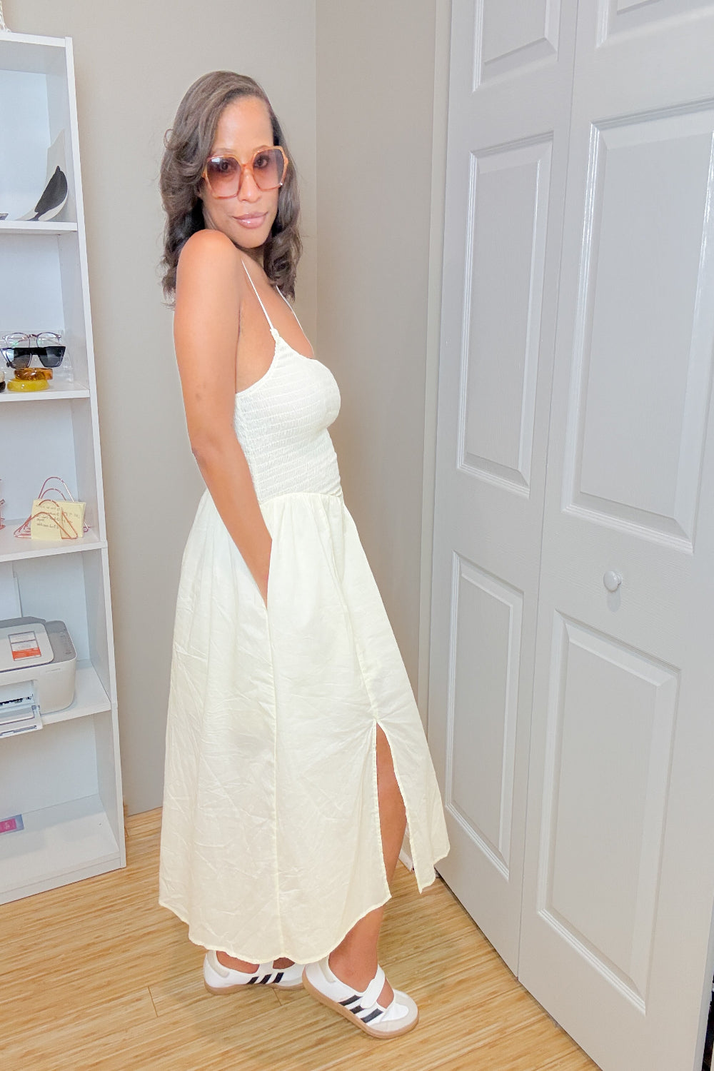 SO ME Smocked Sleeveless Casual Everyday Dress With Slit
