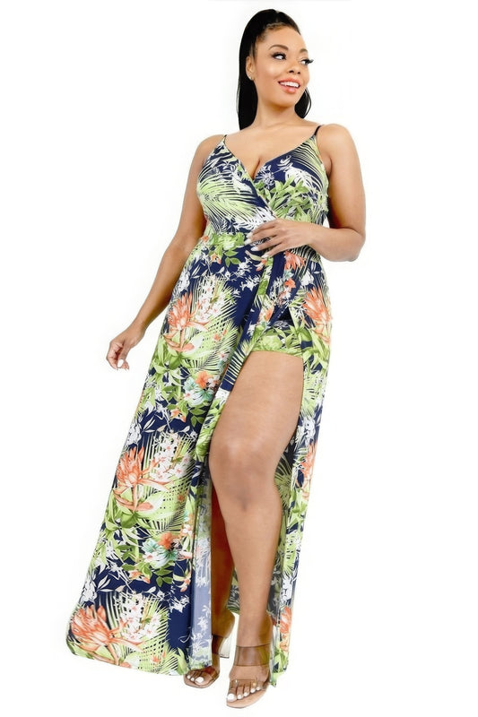 Catch Flights Plus Tropical Leaf Print Surplice Maxi Dress