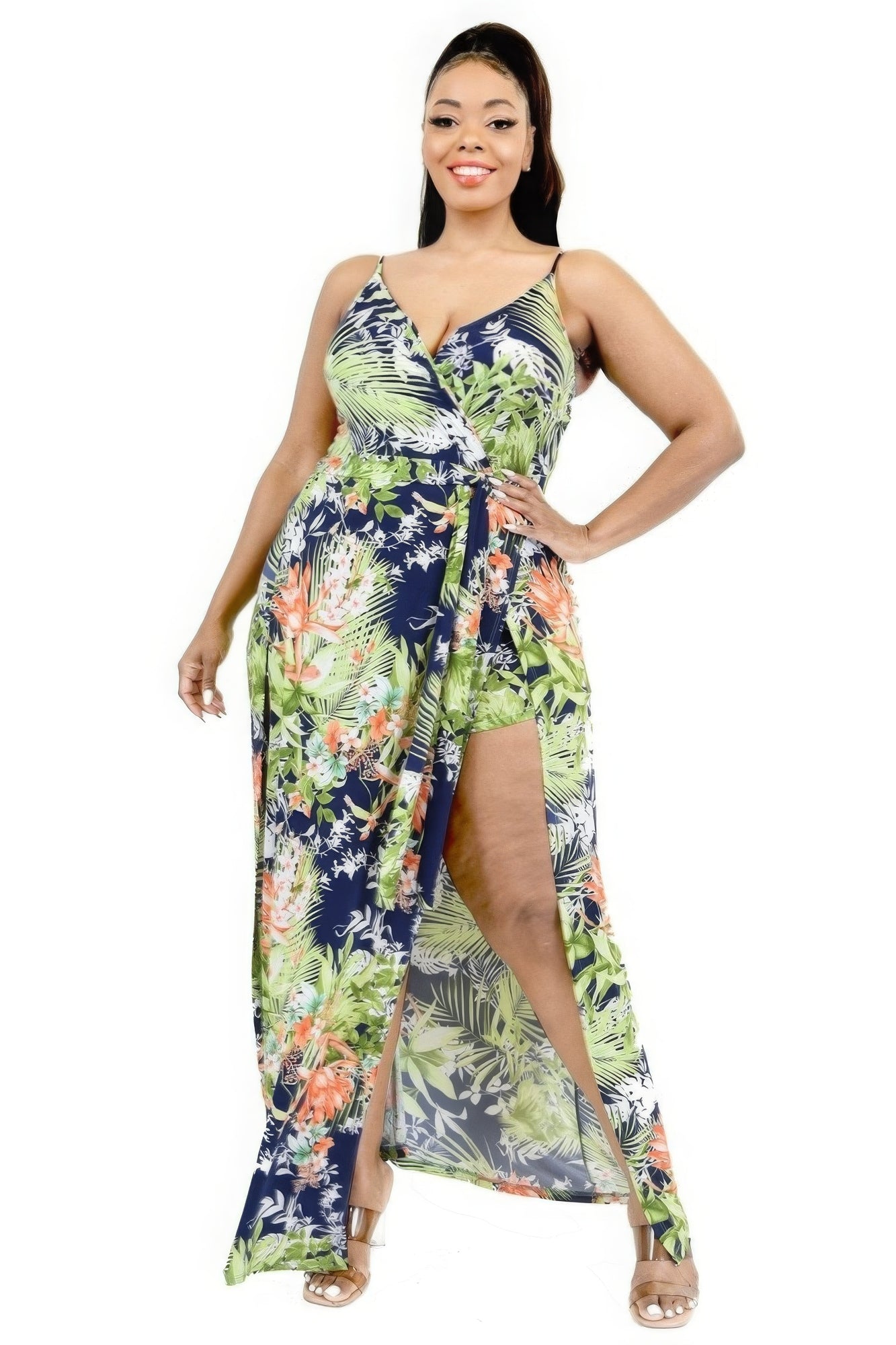 Catch Flights Plus Tropical Leaf Print Surplice Maxi Dress
