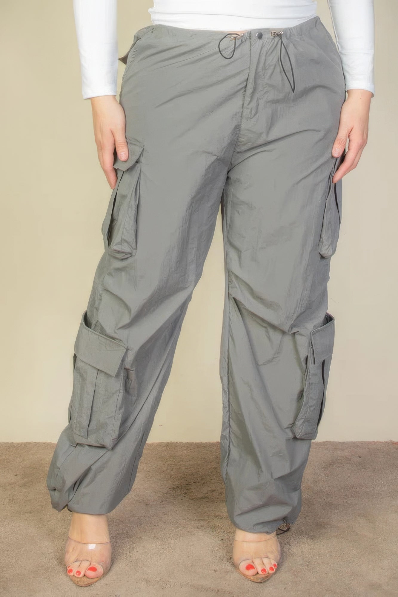 Done Deal Plus Size Flap Pockets Drawstring Ruched Parachute Pants