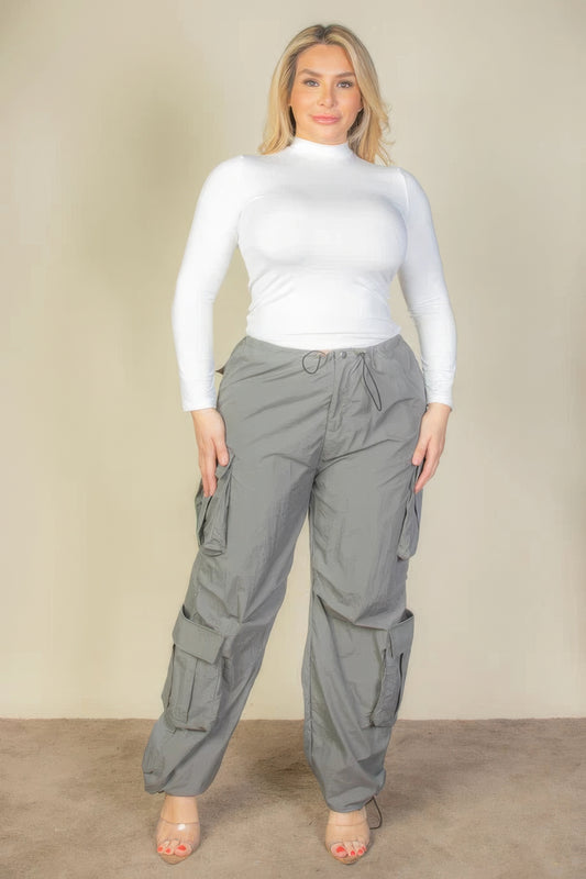Done Deal Plus Size Flap Pockets Drawstring Ruched Parachute Pants