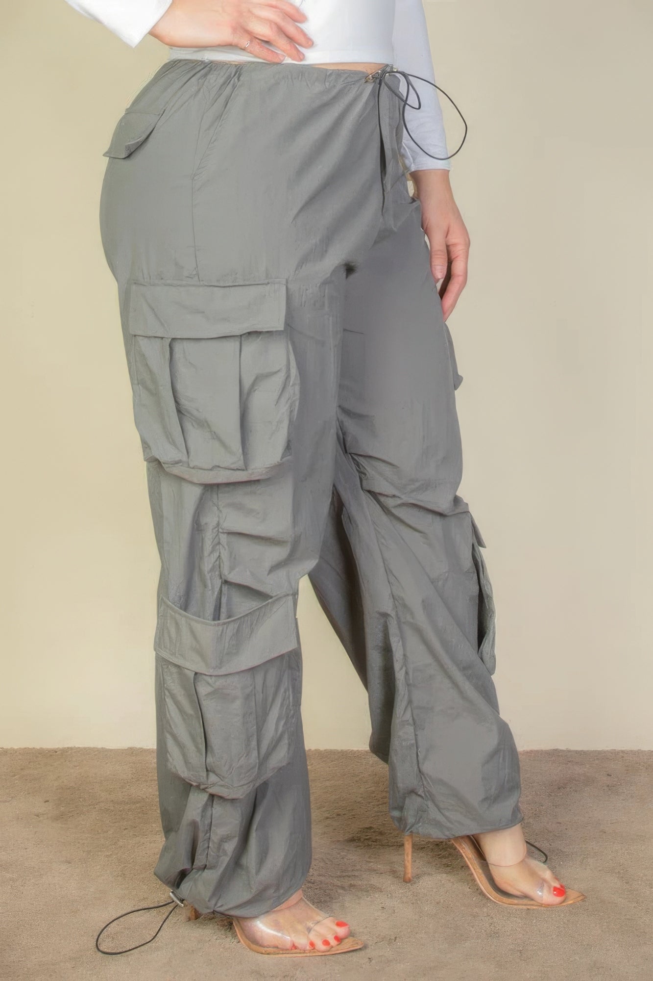 Done Deal Plus Size Flap Pockets Drawstring Ruched Parachute Pants