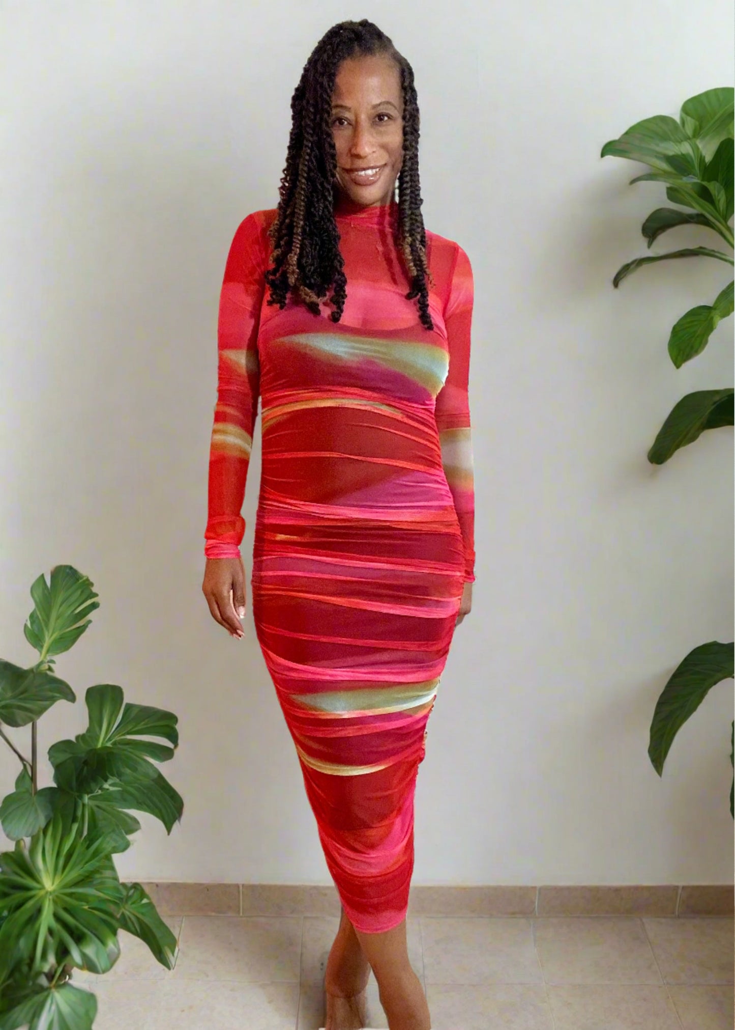 Ladies 1st Mesh Ruched Midi Dress