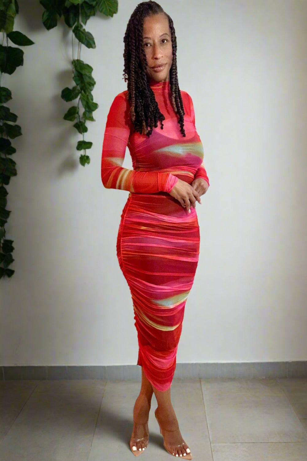 Ladies 1st Mesh Ruched Midi Dress