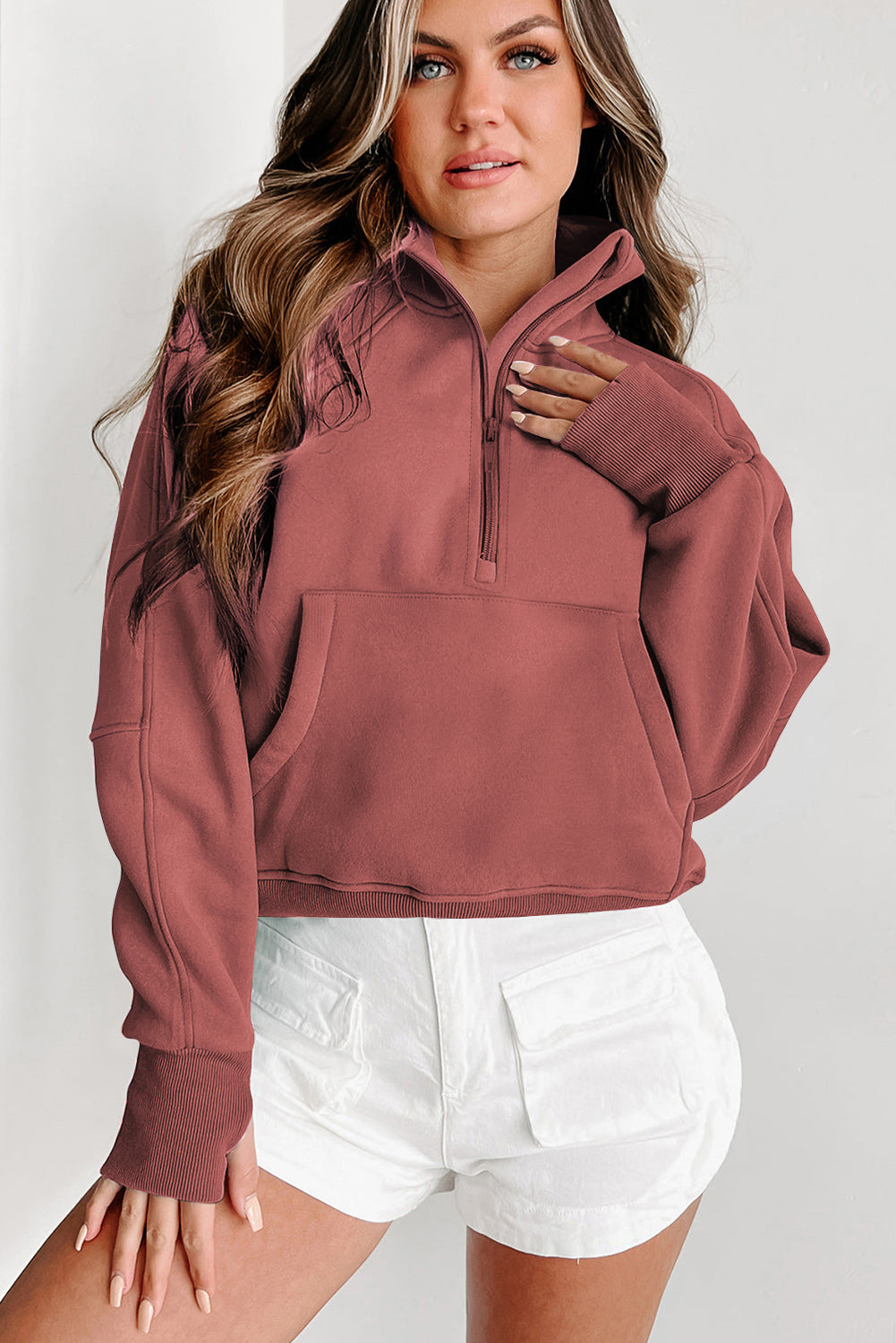 The Yoga Girl Zip Up Stand Collar Ribbed Thumbhole Sleeve Sweatshirt