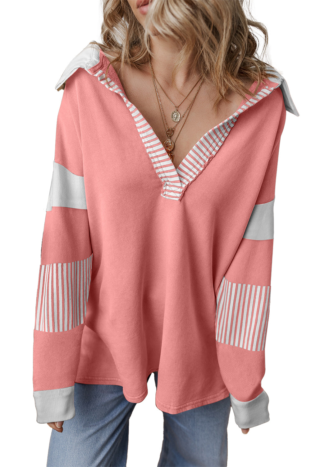 Sail Blue Striped Patchwork Collar Sweatshirt