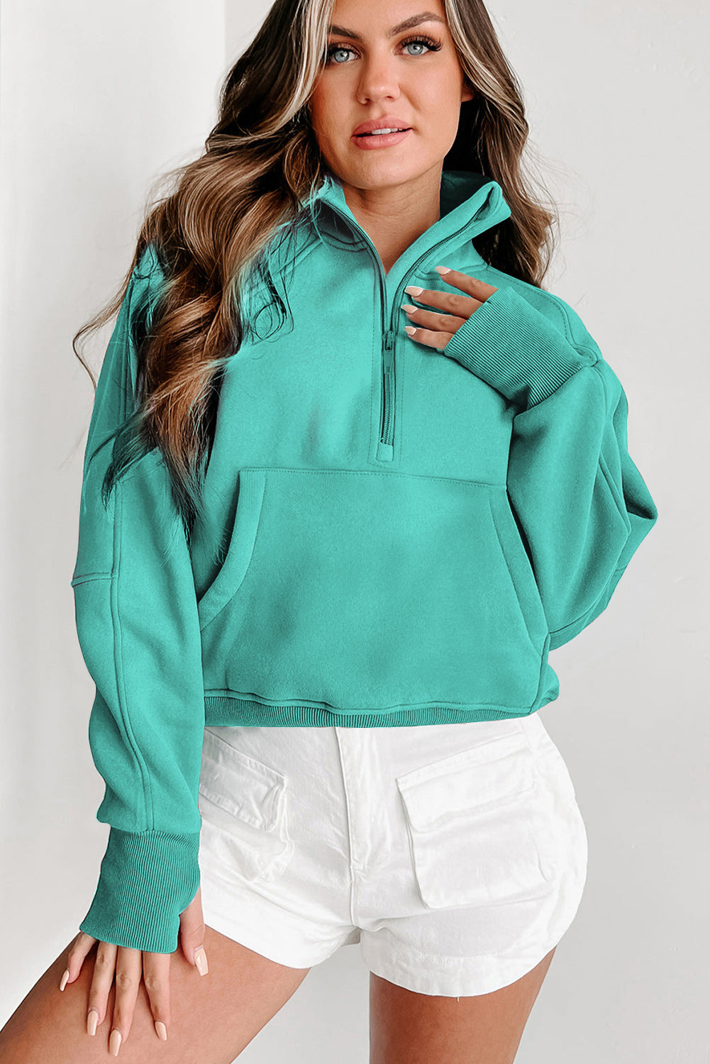 The Yoga Girl Zip Up Stand Collar Ribbed Thumbhole Sleeve Sweatshirt