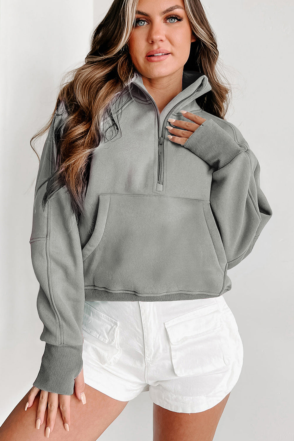 The Yoga Girl Zip Up Stand Collar Ribbed Thumbhole Sleeve Sweatshirt