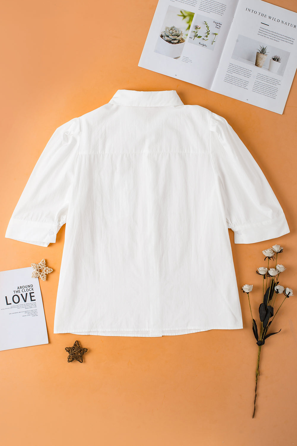 White Solid Color Button Up Puff Sleeve Shirt