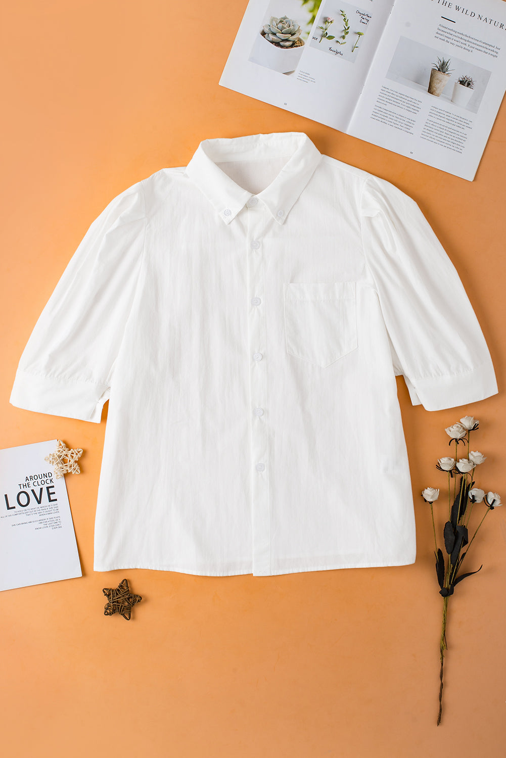 White Solid Color Button Up Puff Sleeve Shirt