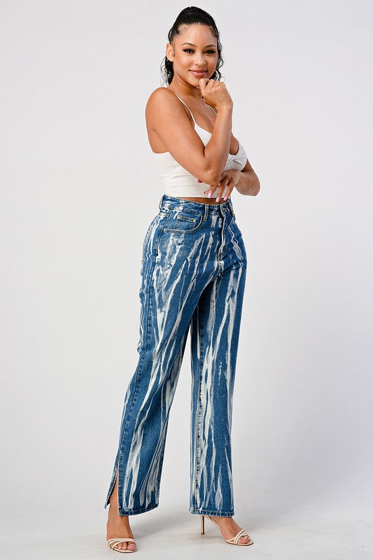 Tracie Tie Dye Acid Wash Slit Bottom Mom Jeans