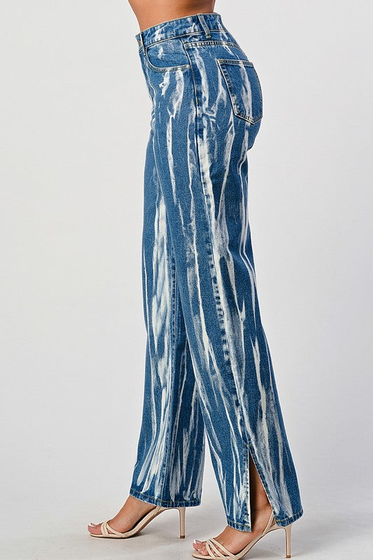 Tracie Tie Dye Acid Wash Slit Bottom Mom Jeans