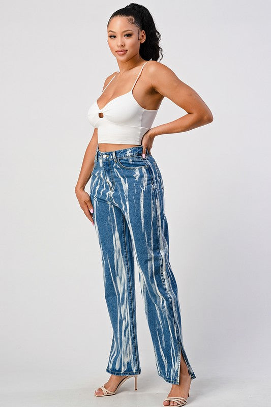 Tracie Tie Dye Acid Wash Slit Bottom Mom Jeans