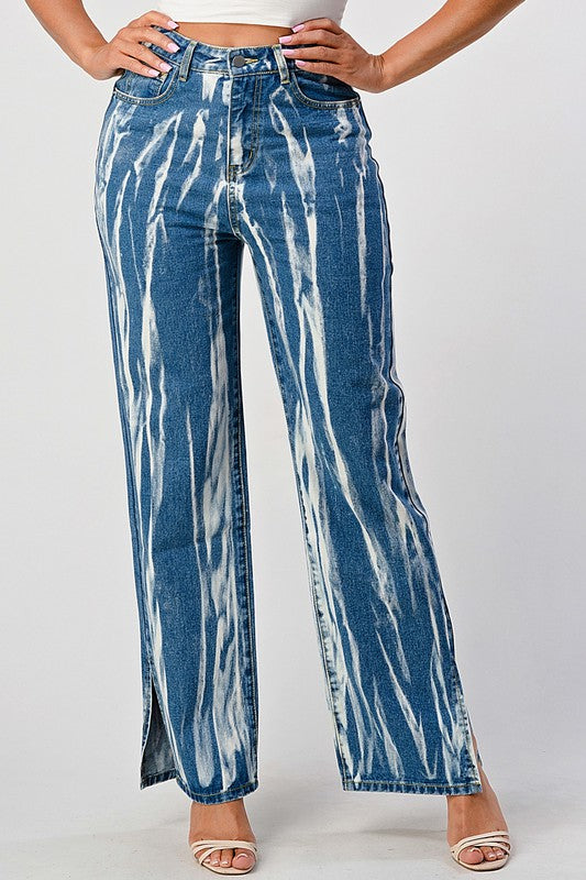 Tracie Tie Dye Acid Wash Slit Bottom Mom Jeans
