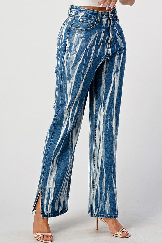 Tracie Tie Dye Acid Wash Slit Bottom Mom Jeans