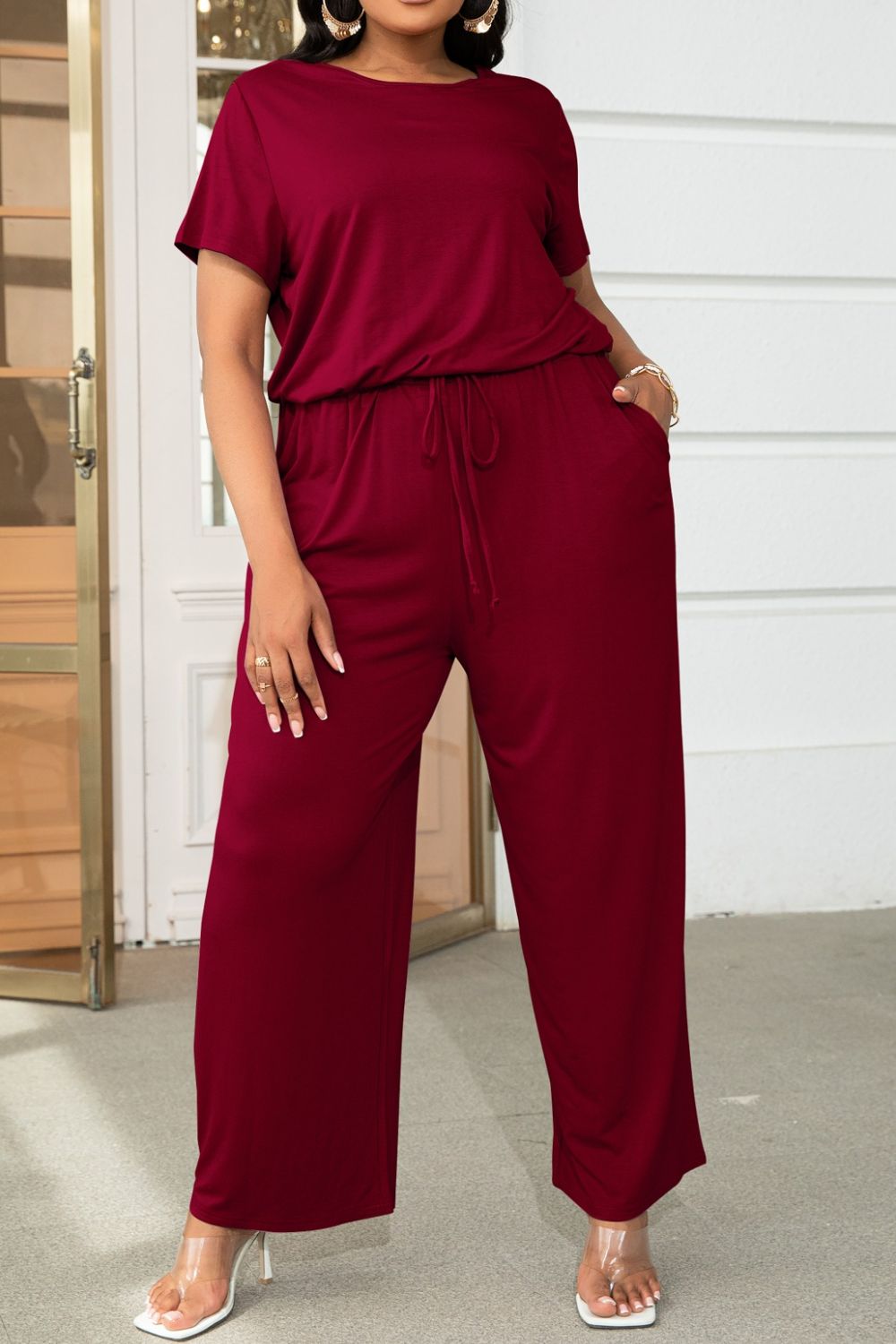 Quinn Plus Size Drawstring Waist Short Sleeve Jumpsuit