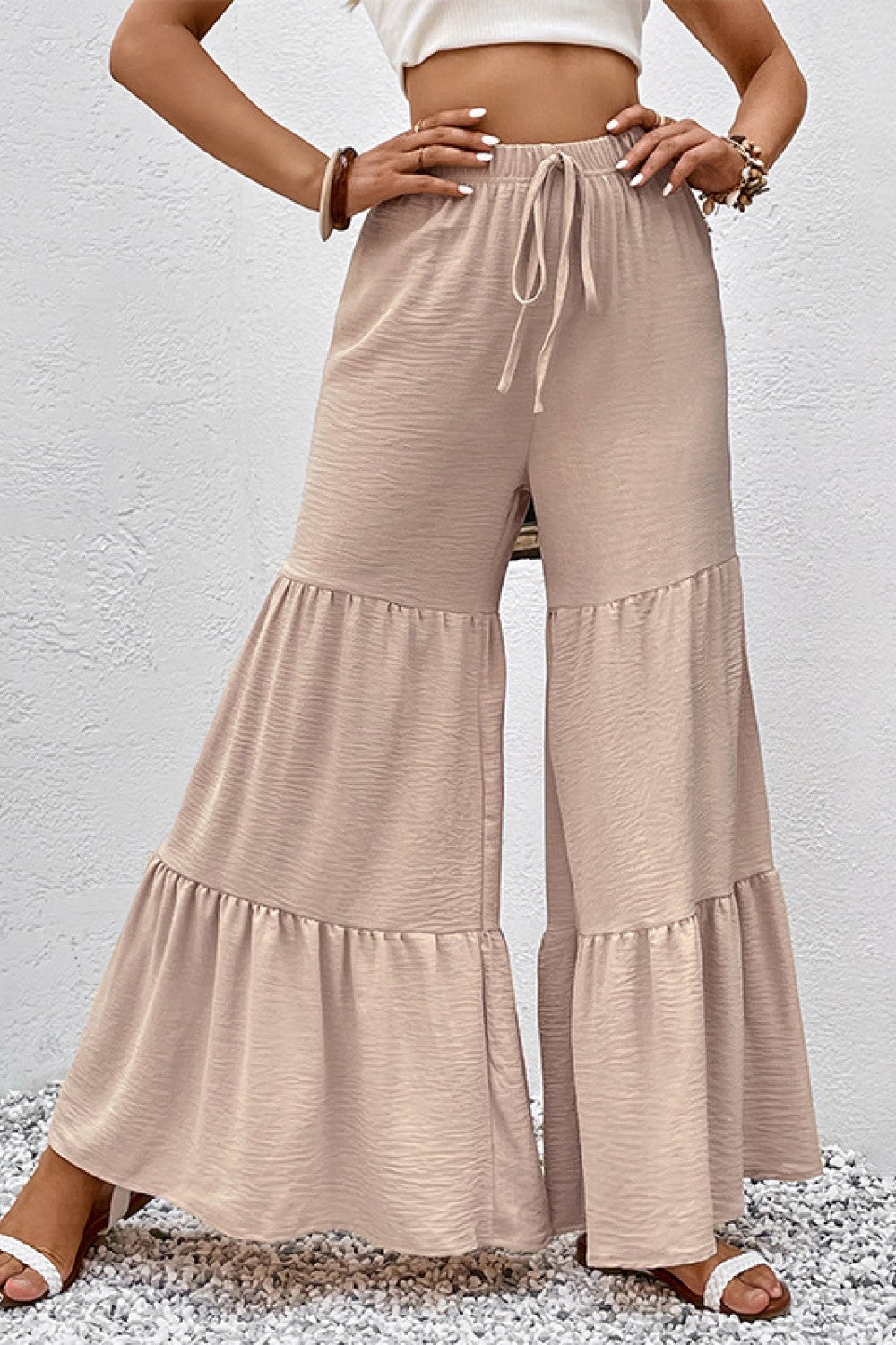 Weekender Drawstring Waist Tiered Flare Pants