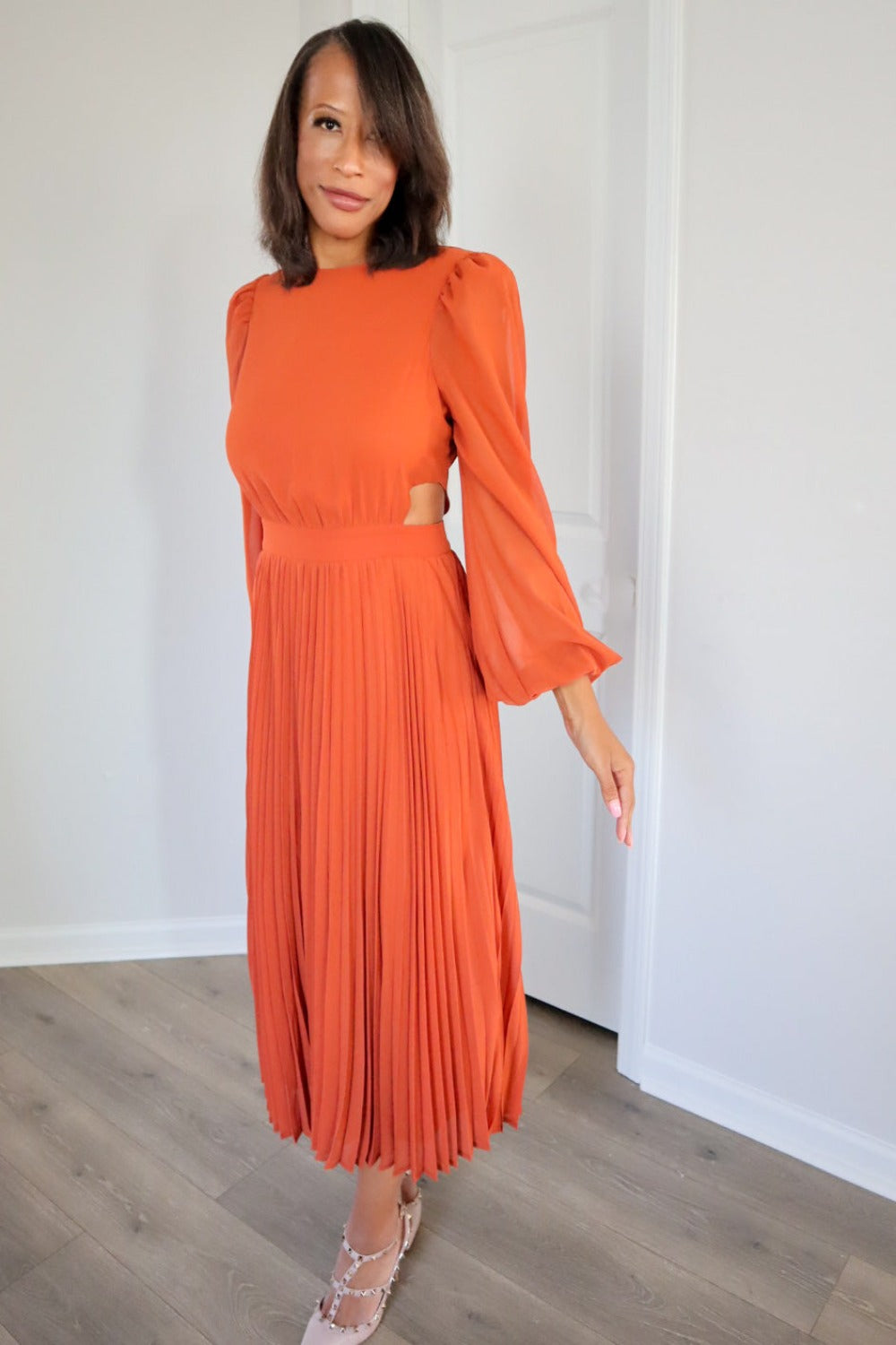 Mahogany Dreams Pleated Dress with Side Cut Outs