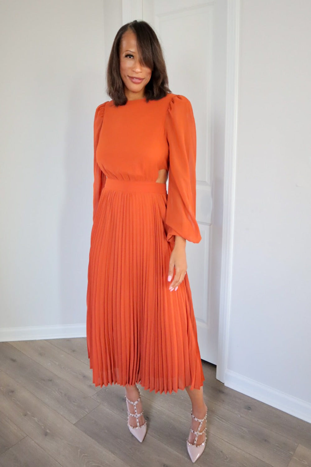Mahogany Dreams Pleated Dress with Side Cut Outs