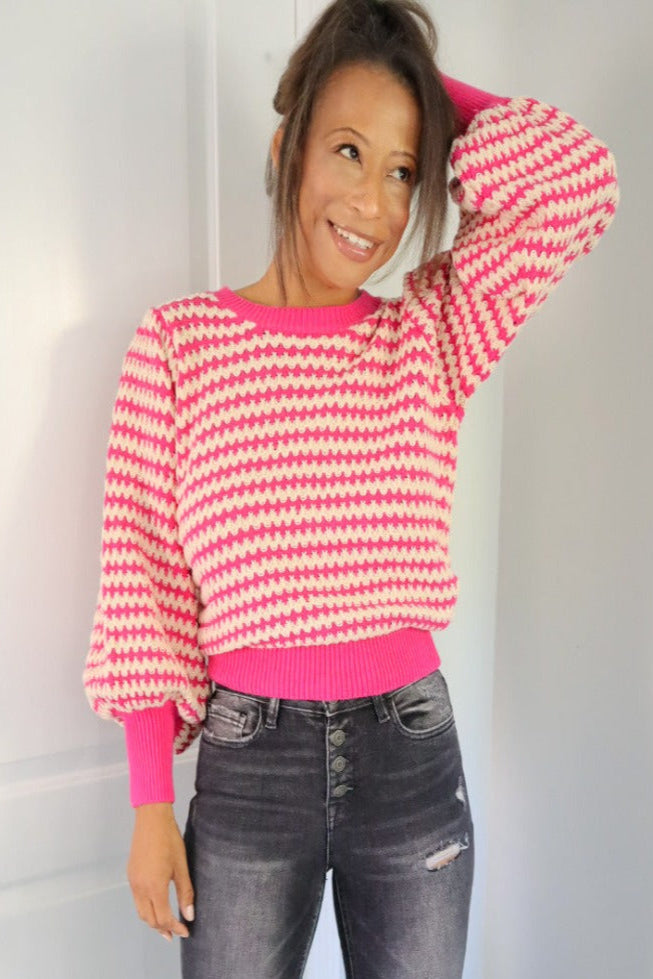 The Geneva Striped Ballon Sleeve Knit Sweater