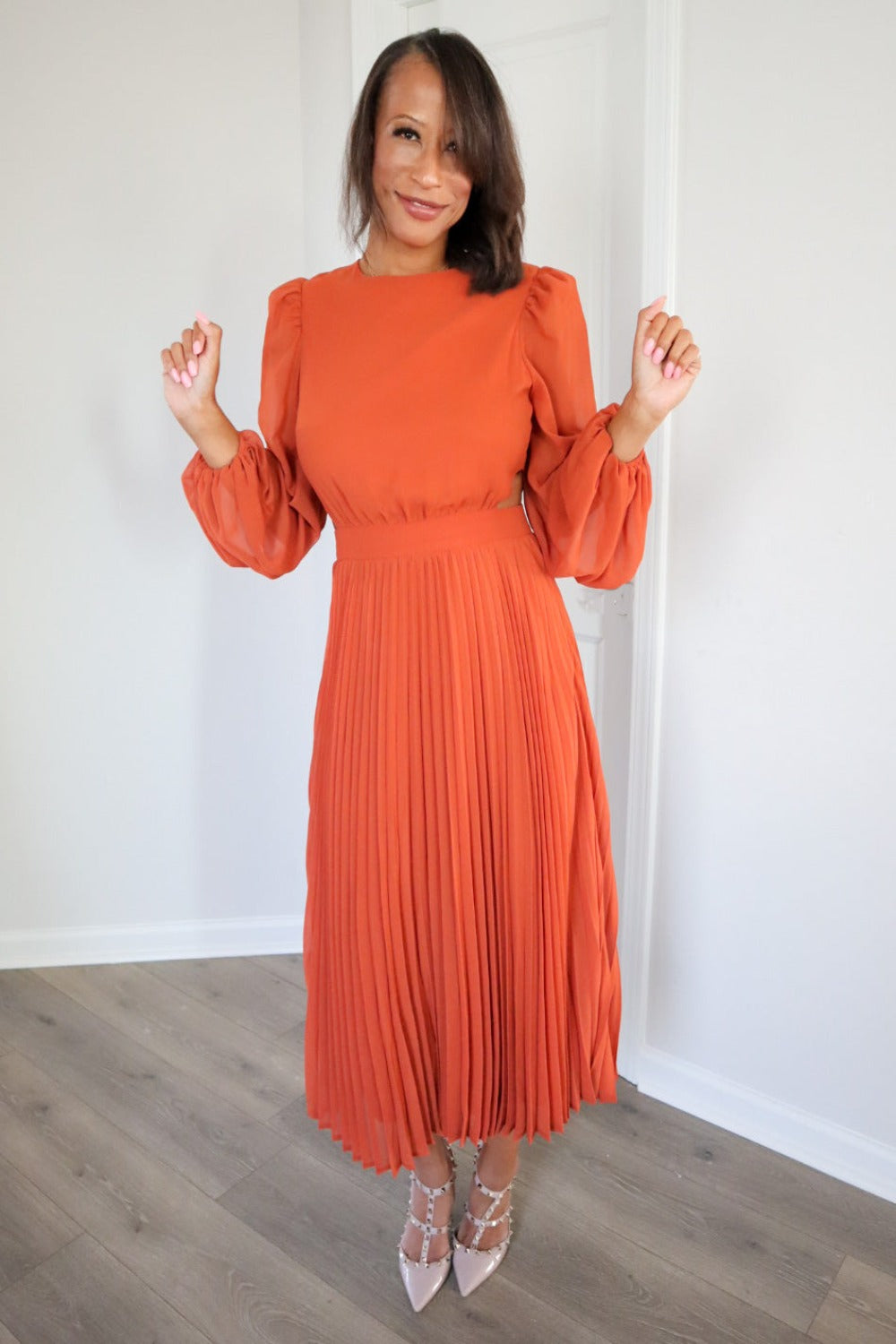 Mahogany Dreams Pleated Dress with Side Cut Outs