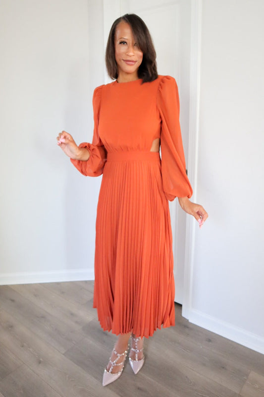 Mahogany Dreams Pleated Dress with Side Cut Outs