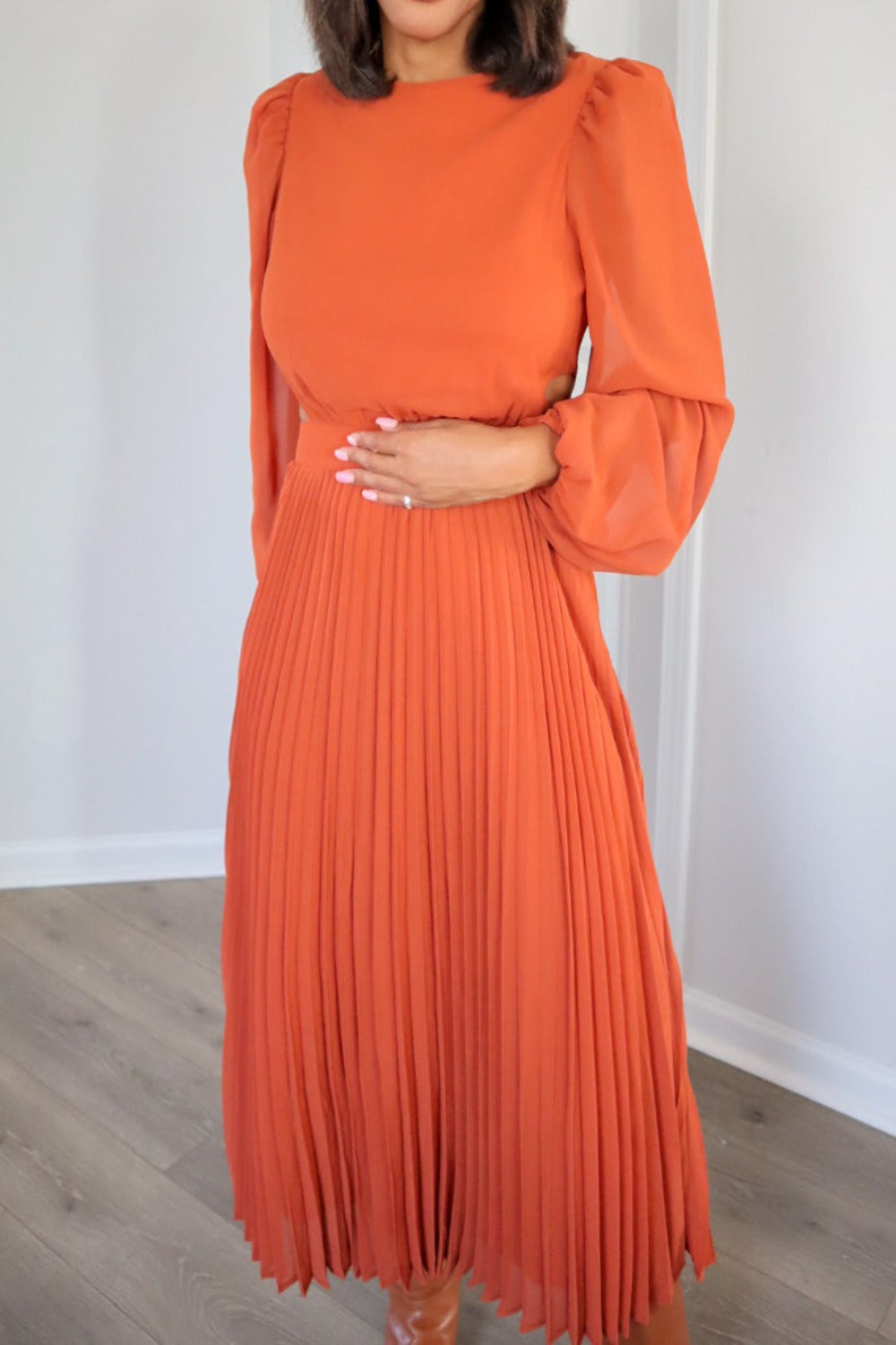 Mahogany Dreams Pleated Dress with Side Cut Outs