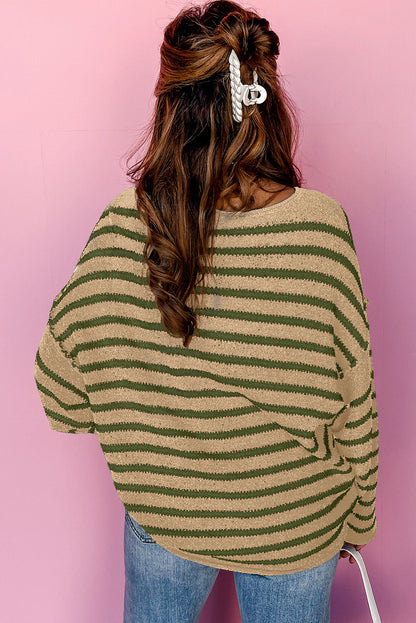 Green Stripe Casual Stripe Round Neck Drop Shoulder Sweater