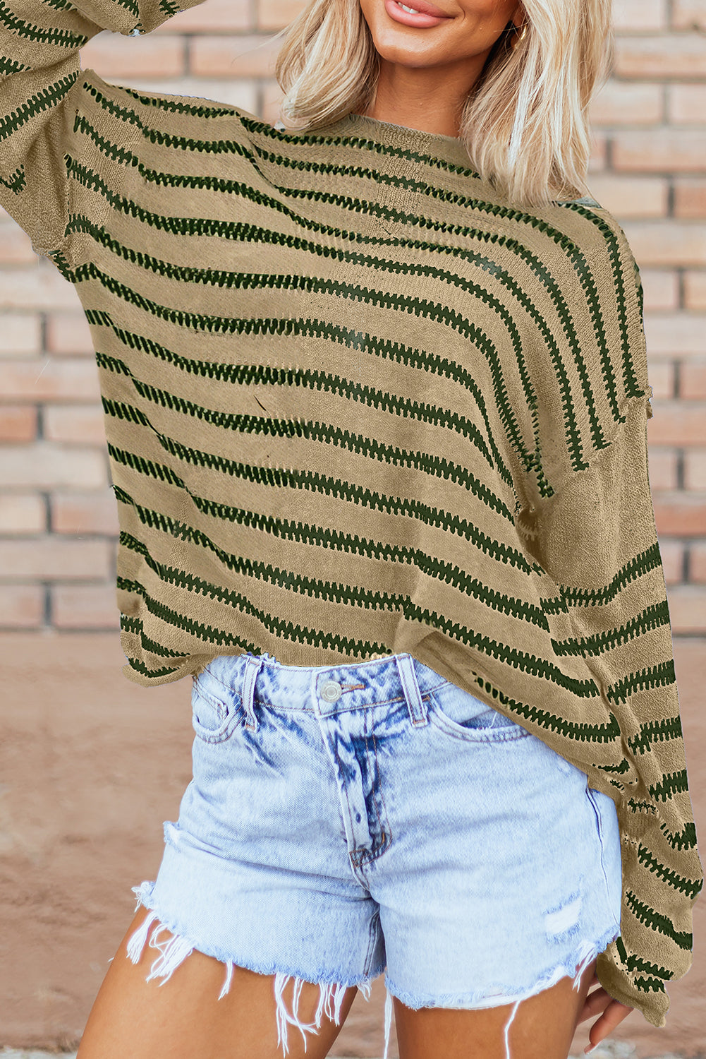 Green Stripe Casual Stripe Round Neck Drop Shoulder Sweater