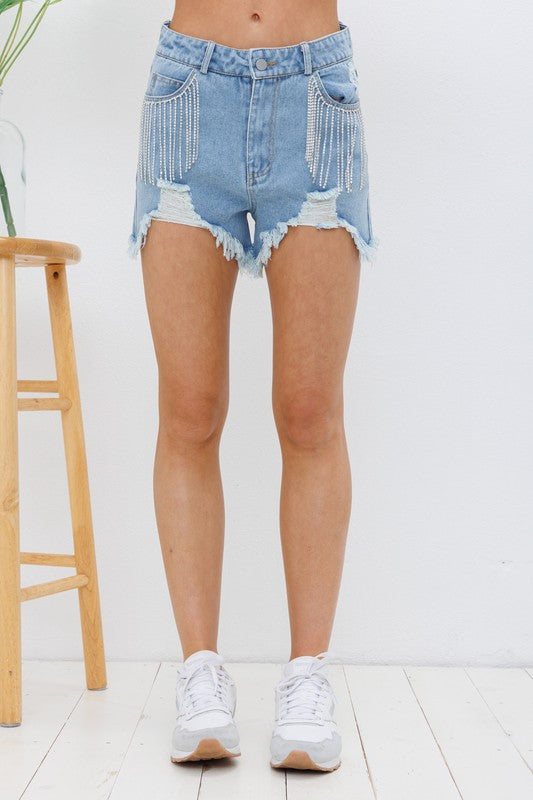 Carolina Girl Frayed Rhinestone Denim Shorts