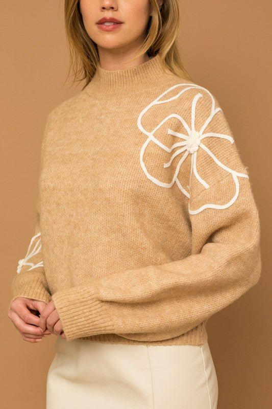 Gardenia Flower Embroidery Mock Neck Sweater