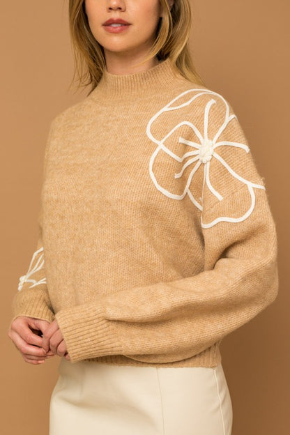 Gardenia Flower Embroidery Mock Neck Sweater