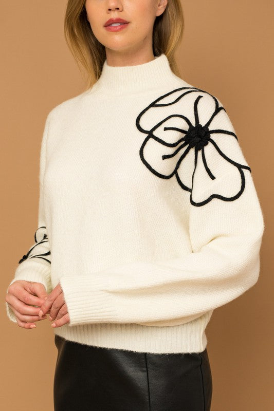 Gardenia Flower Embroidery Mock Neck Sweater