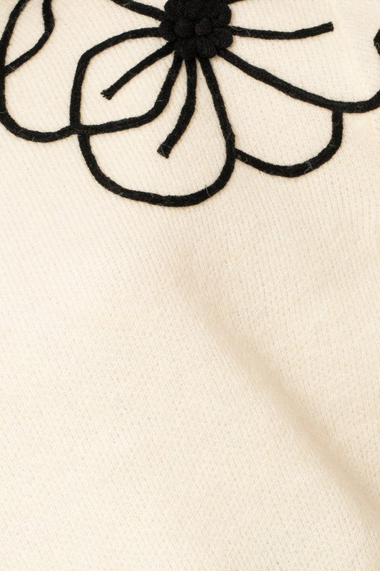 Gardenia Flower Embroidery Mock Neck Sweater