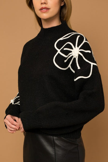 Gardenia Flower Embroidery Mock Neck Sweater