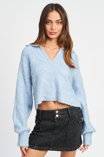 COLLARED CABLEKNIT BOXY SWEATER