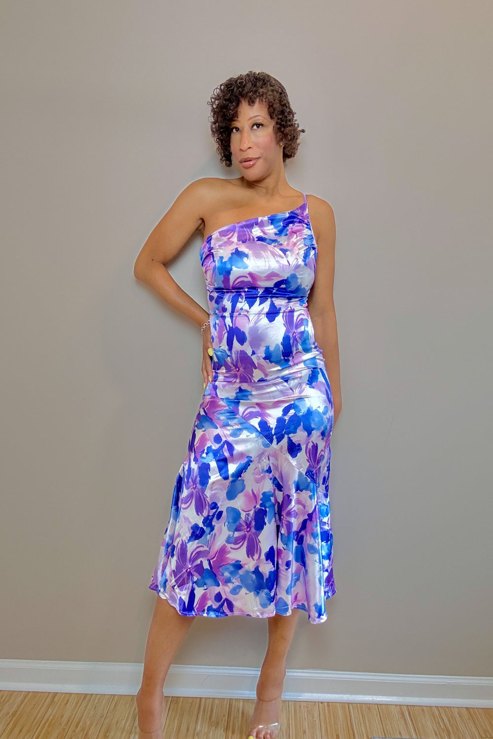 Lillian Ruched Printed Single Shoulder Midi Dress