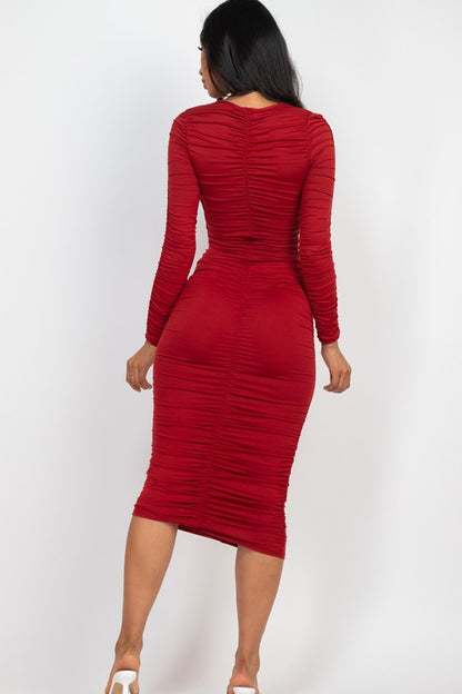 Weekends Only Ruched Long Sleeve Midi Dress