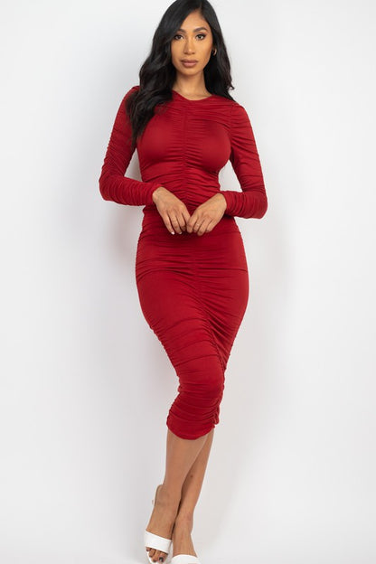 Weekends Only Ruched Long Sleeve Midi Dress