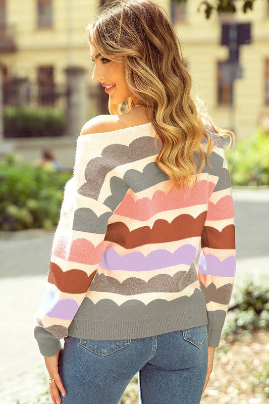 Rose Red Wave Striped Balloon Sleeve Drop Sweater