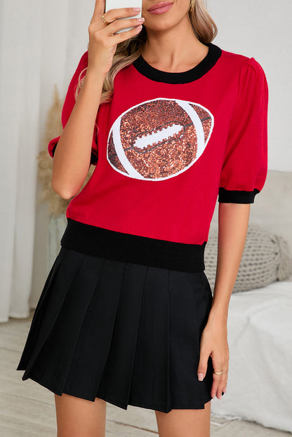 Game Day Sequin Rugby Color Block Puff Sleeve Knit Top